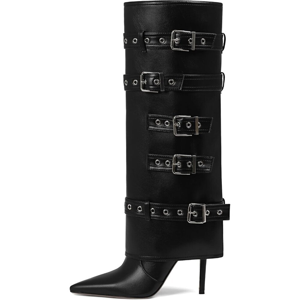 Women Black Fold Over Leather Long Buckle Slouchy Pointed Toe Stiletto Heel Boot